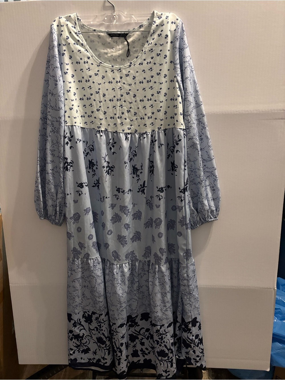 Noracora Light Blue Mixed Floral Tiered Midi Dress size Small